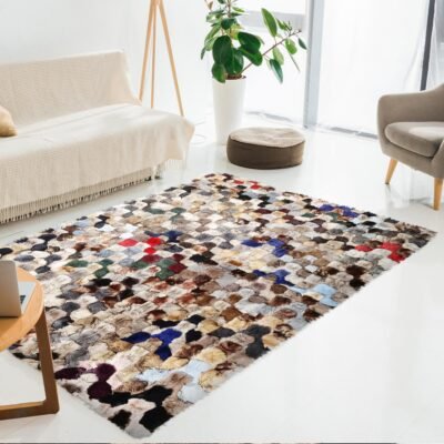 Multicolor Checkered Fox Fur Rug