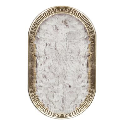 Cream Sheepskin Fur Oval Rug with Gold Border