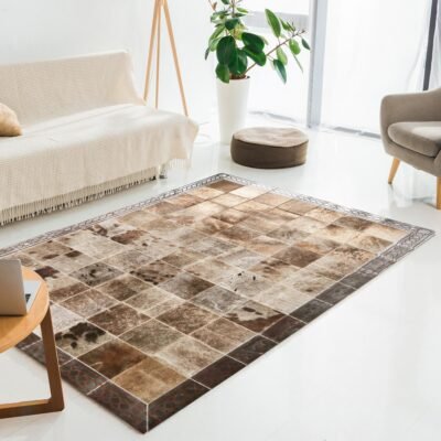 Bronze Leaf Genuine Cowhide Rug with Silver Border
