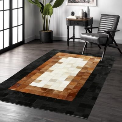 Beige Cowhide Rug with Brown & Black Border