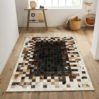 Cream, Brown & Black Checkered Patchwork Cowhide Rug