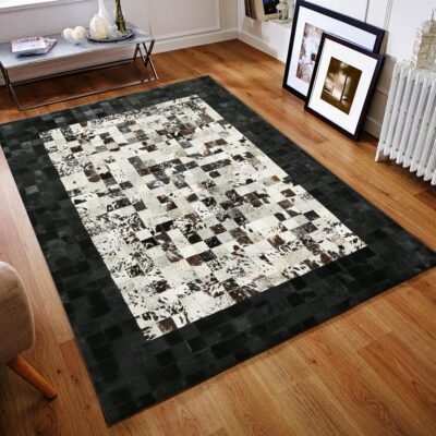 Black and White Cowhide Patchwork Rug