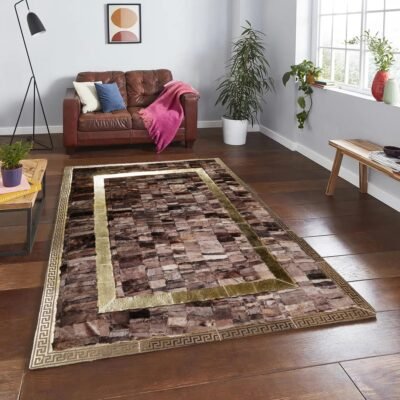 Shiny Brown Tuscan Rug with Gold Frame