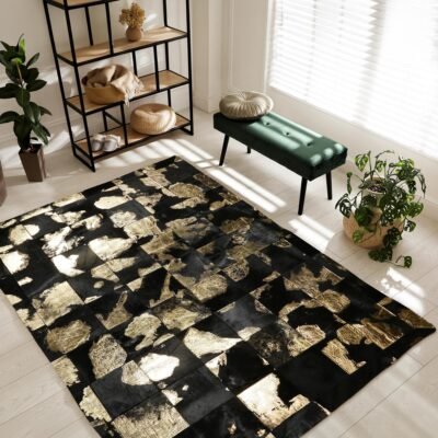 Black & Gold Cowhide Patchwork Rug