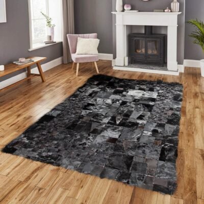 Jet Black Cowhide Patchwork Rug