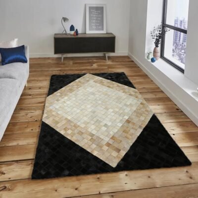 Beige & Black Cowhide Square Pattern Patchwork Rug