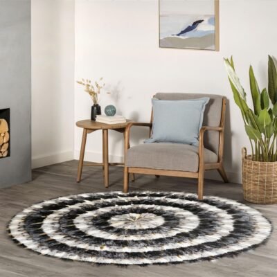 Beige & Black Genuine Fox Fur Round Rug