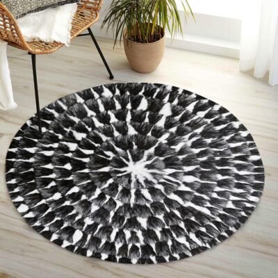 Black & White Fox Fur Round Shaggy Rug