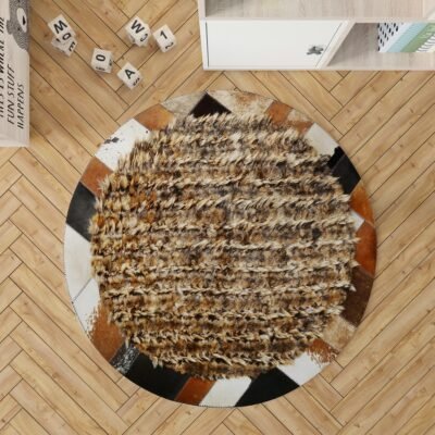 Genuine Black & Brown Fox Fur Round Rug