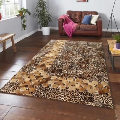Leopard Print Pattern Genuine Fur Patchwork Rug