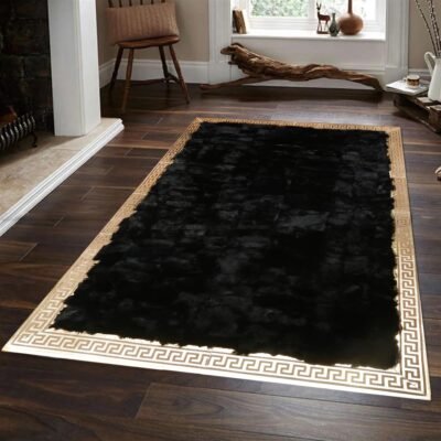 Black Rex Rabbit Fur Rug with Gold Border