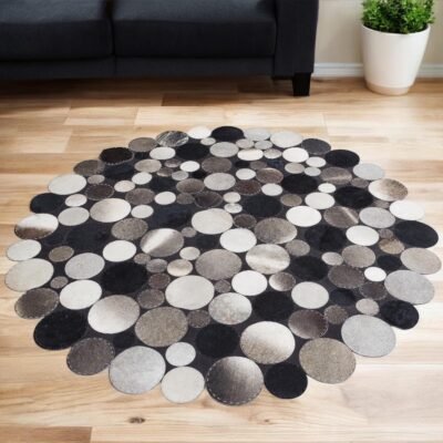 Black & Gray Cowhide Patchwork Round Rug