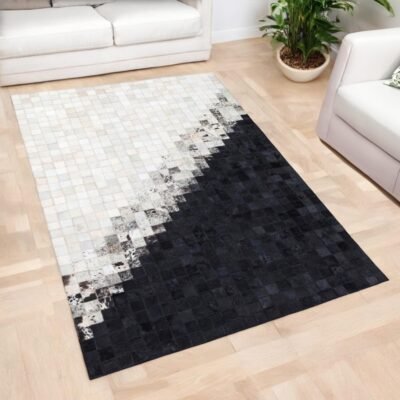 Black & Beige Cowhide Patchwork Rug