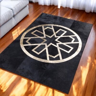 Black Cowhide Patchwork Rug Gold Geometric Design