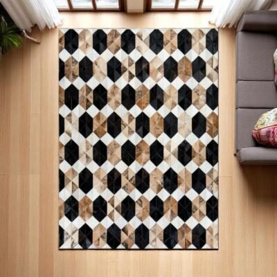 Cowhide Patchwork Rug, Brown Calfskin Floor Rug,