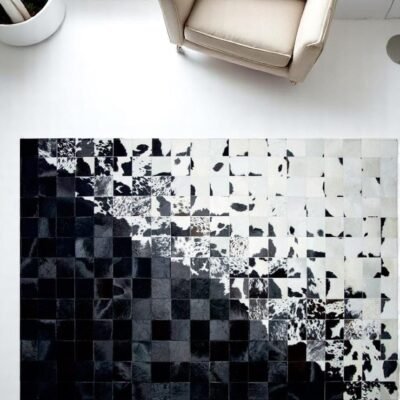 Black and White Square Cowhide Patchwork Rug, Checkered Natural Calfskin Carpet,Area Rug, Genuine Cow Skin Rug, Custom Size Available
