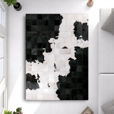 Black And White Large Area Rug Cowhide Area Rug, Genuine Calfskin Patchwork Carpet, Luxury Black Living Room Rug Custom Size Available