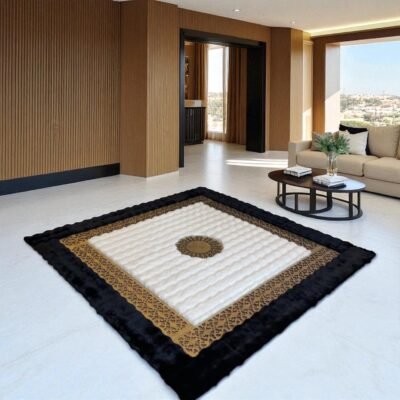 Luxury Plush Area Rug with Black Border and Gold Pattern