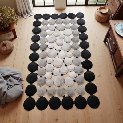 Polka Dot Cowhide Rug, Black and Gray Circle Patchwork Leather Area Rug, Modern Handmade Hallway Carpet, Custom Size Natural Cowhide Decor