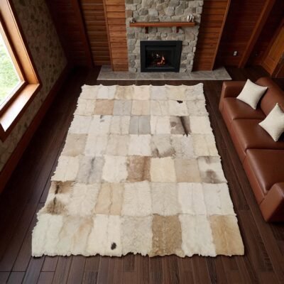 Natural Goatskin Patchwork Rug, Genuine Goat Leather Carpet, Beige and White Multicolor Area Rug