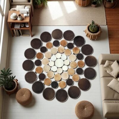Polka Dot Round Cowhide Rug, Custom Handmade Natural Patchwork Area Rug for Living Room or Entryway