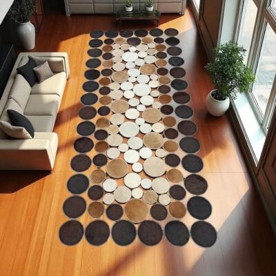 Gray Polka Dot Cowhide Runner Rug, Leather Circle Hallway Carpet, Custom Patchwork Cow Skin Rug