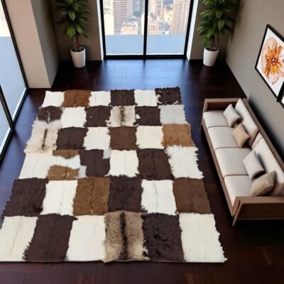 Natural Brown and White Goatskin Patchwork Rug, Real Goat Hair Carpet, Rectangular Area Rug, Handmade Goat Hide Rug, Custom Size Rug