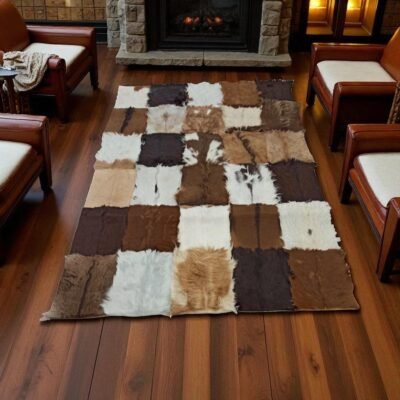 Natural Brown Patchwork Goatskin Rug, Handmade Rectangle Goat Fur Area Carpet, Soft Custom Size Living Room Decor Rug
