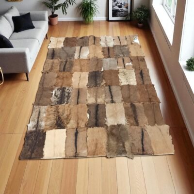 Light Brown Patchwork Goatskin Rug, Handmade Rectangle Natural Goat Fur Carpet, Custom Rustic Leather Area Rug for Living Room