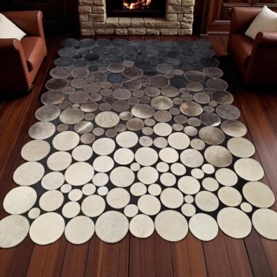 Beige Polkadot Cowhide Leather Rug, Black Gray Circle Patchwork Carpet, Handmade Cowhide Area Rug