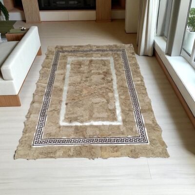 Light Brown Tuscan Leather Rug, Rectangular Greek Key Border Area Carpet, Custom Hair-on Hide Patchwork Rug, Large Area Tuscan Carpet