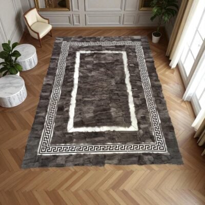 Gray Tuscan Area Rug, Custom Size Rectangle Fur Carpet with Greek Key Border, Elegant Handmade Decorative Living Room Rug