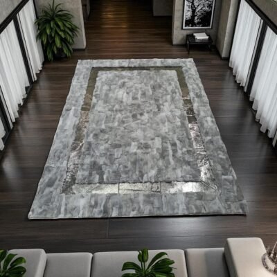 Gray Rabbit Fur Rug with Shiny Border, Soft Rex Rabbit Carpet, Custom Size Rectangular Area Rug, Luxury Fur Living Room Rug