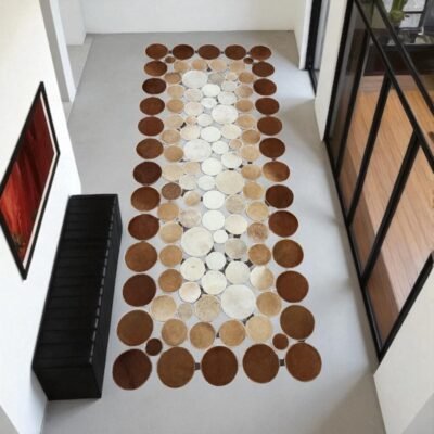 Polka Dot Patchwork Cowhide Runner Rug, Real Cowhide Leather Carpet, Brown and White Circle Design, Hallway or Entryway Accent