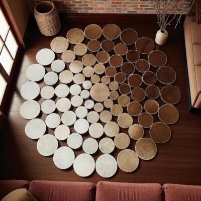 Polka Dot Round Cowhide Rug, Natural Leather Circle Patchwork Carpet, Modern Brown & White Cowhide Floor Art, Custom Size Area Rug