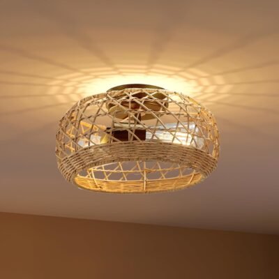 11.8 Boho Flush Mount Light Fixture, Rattan Ceiling Light Cage Shade Flush Lamp