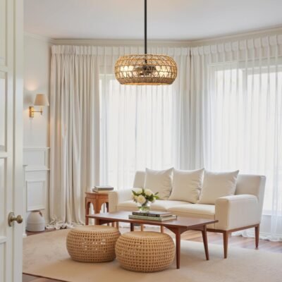 11.8 Boho Rattan Light Fixture, 2-Light Chandelier Hand Woven Pendant Hanging Lighting