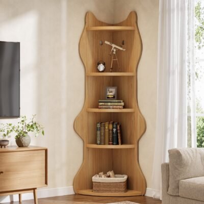 72 Bookcase, 5-tier Corner Shelf Bookshelf With Cat-shaped Design