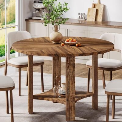 47 Dining Table, Farmhouse Round Kitchen Dinner Table with Storage Shelf