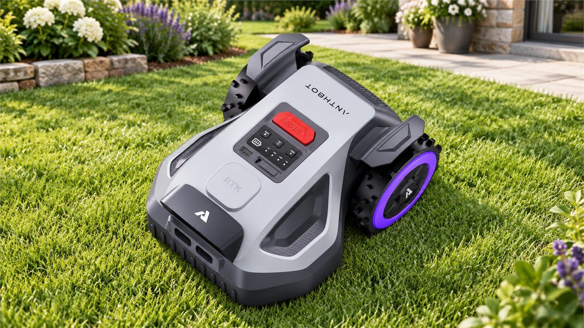 ANTHBOT M5 RTK robot lawn mower on a bright garden lawn