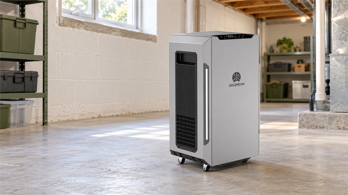 Argendon Sandidry Pro 35C dehumidifier in a bright basement utility room