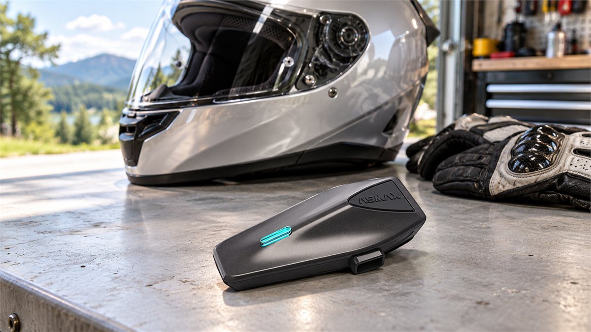 ASMAX S1 motorcycle intercom beside a silver full-face helmet and riding gloves