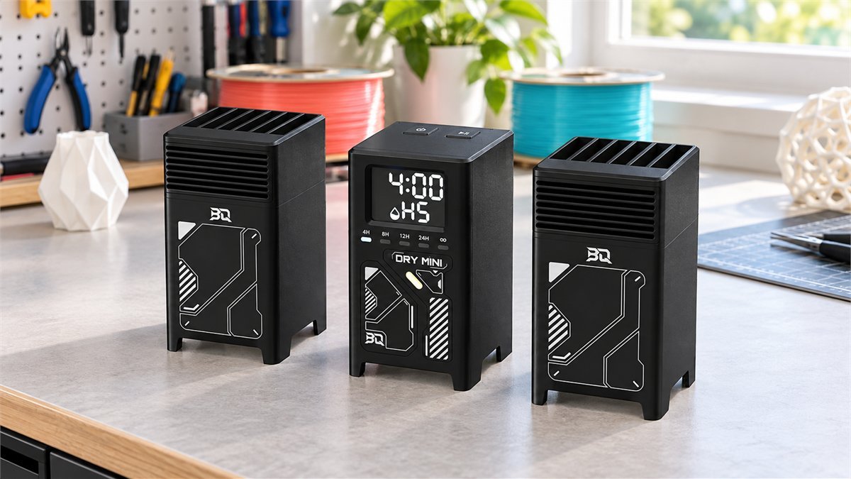 BIQU BQDry Mini control module and two heater modules on a bright 3D-printing workbench
