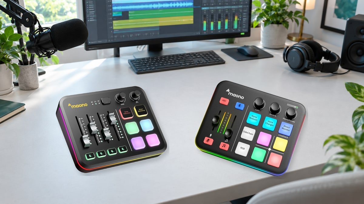 MAONO G3 and G1 NEO audio mixers on a bright streaming desk