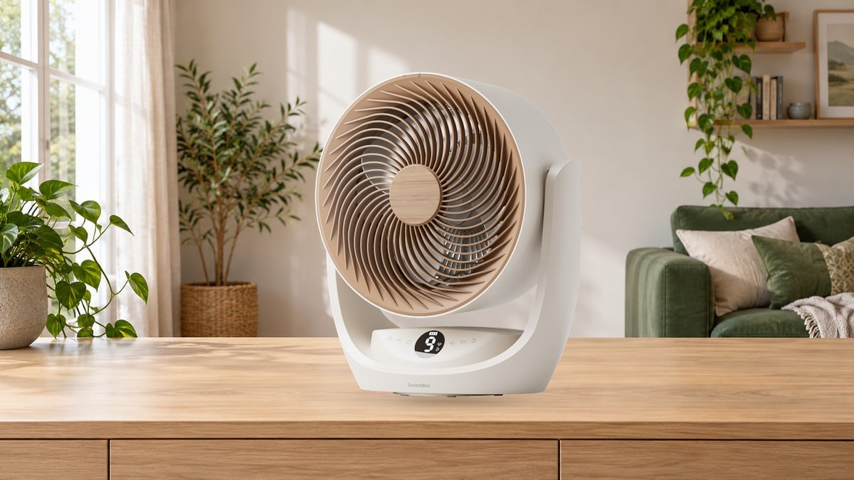 White SwitchBot Battery Circulator Fan 2 Pro with wood-tone grille on a table in a bright living room