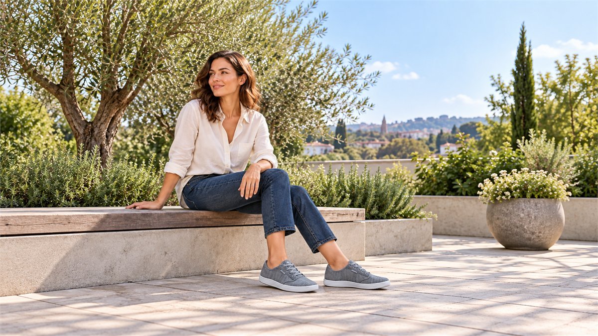 AI-generated lifestyle illustration of a woman wearing grey HOBIBEAR Sage barefoot shoes on a sunny terrace